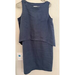 Pure J. Jill Navy Blue 100% Linen Double Layer Shift Dress Petite S Lagenlook